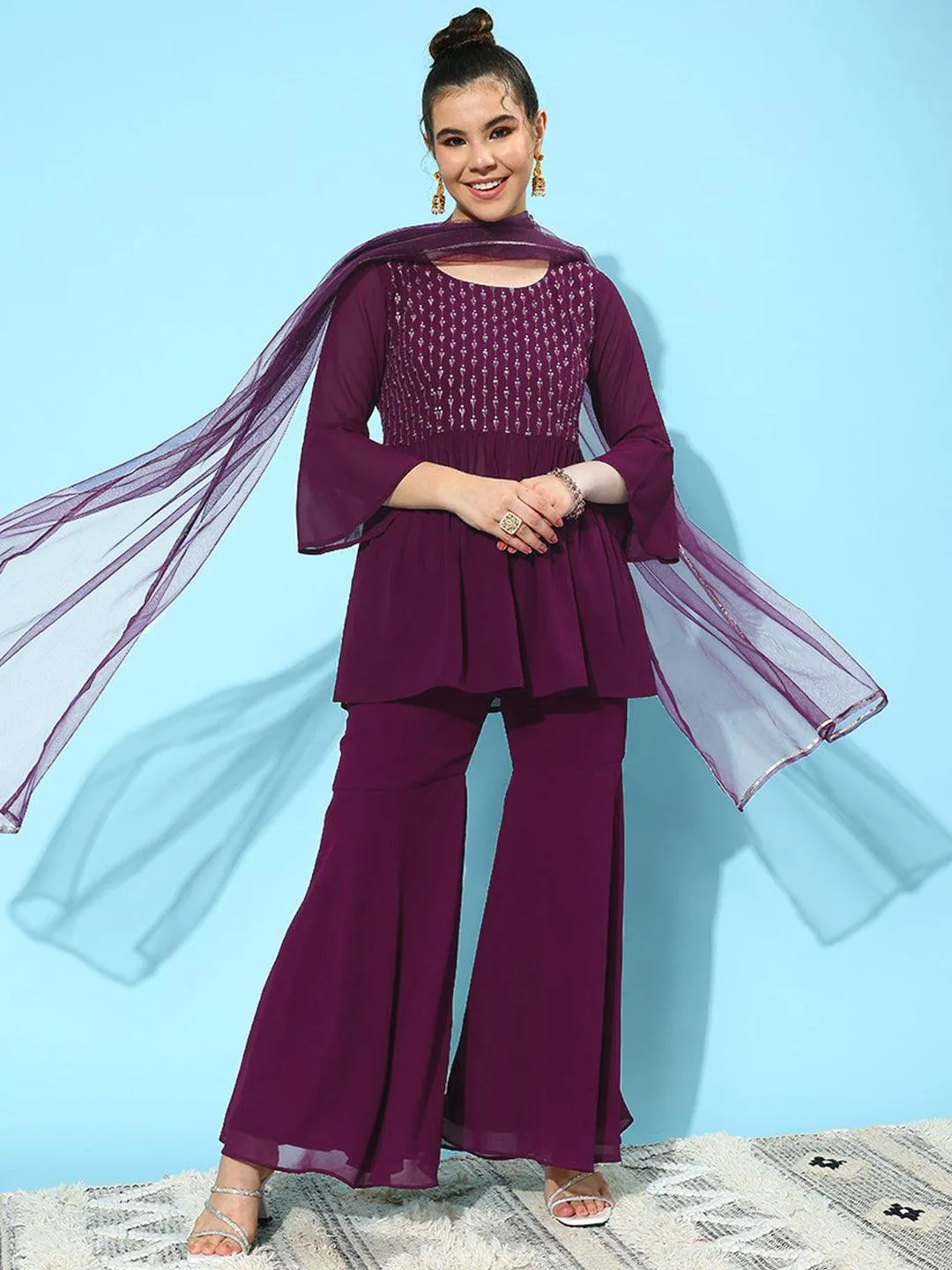 Wine Embroidered Georgette A-Line Sharara Suit Set With Dupatta