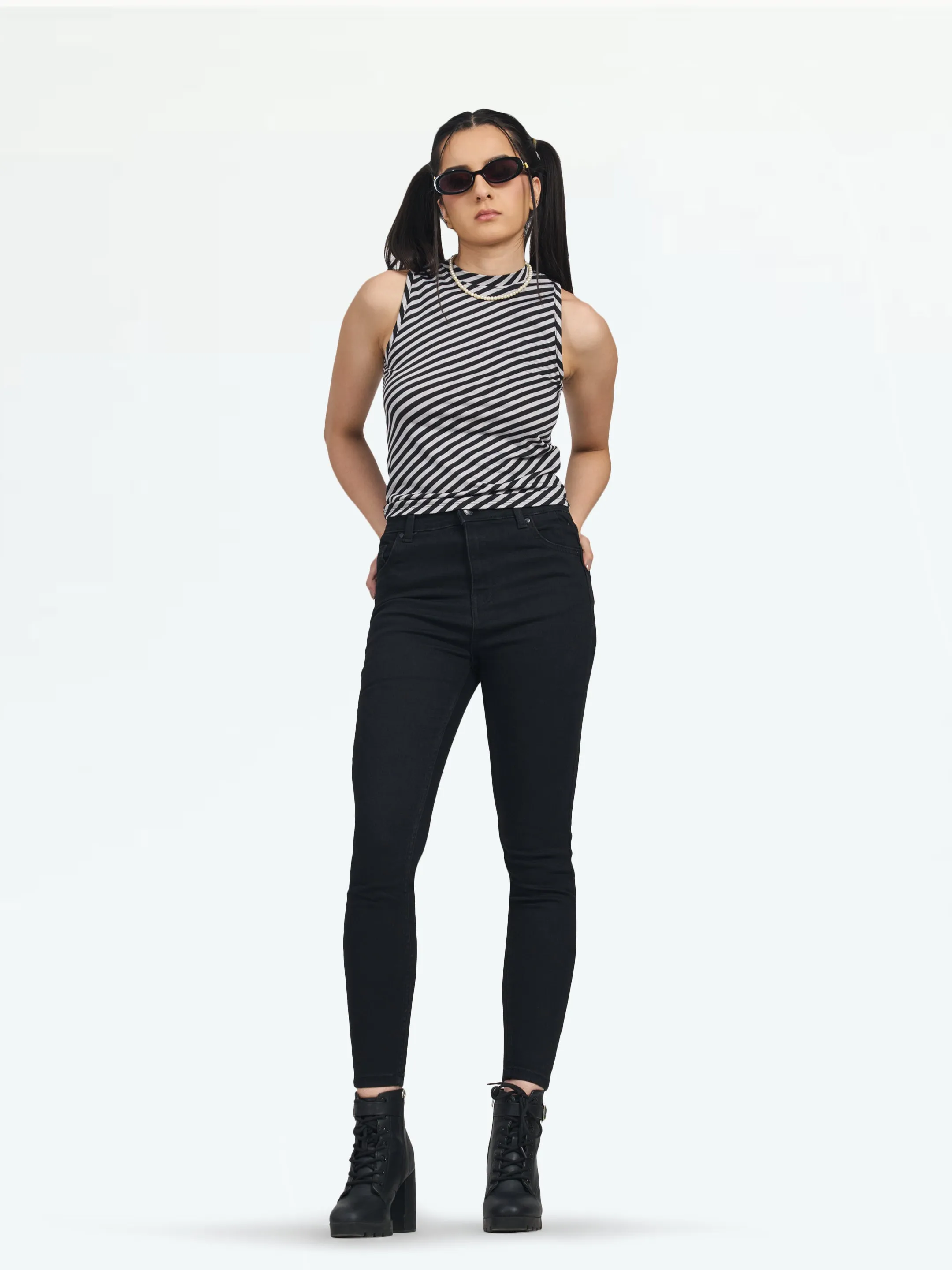 Women Multi Color Stripe Round Neck Sleeveless Fitted Top