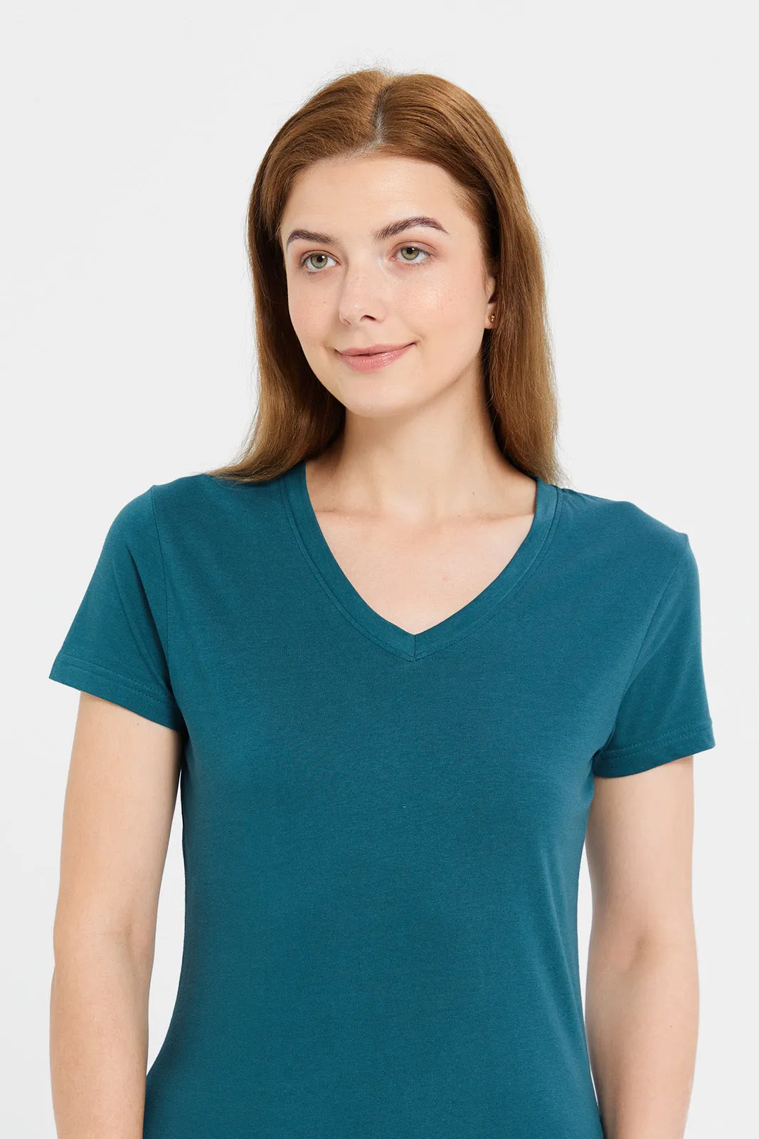Women Teal Plain Short Sleeve T-Shirt