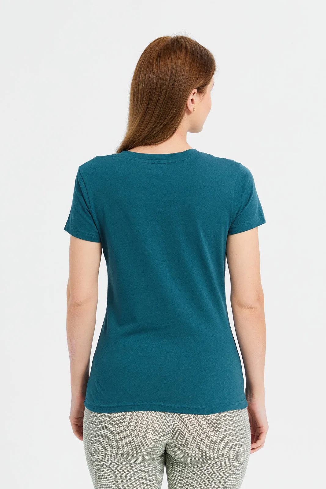 Women Teal Plain Short Sleeve T-Shirt