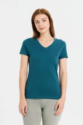 Women Teal Plain Short Sleeve T-Shirt